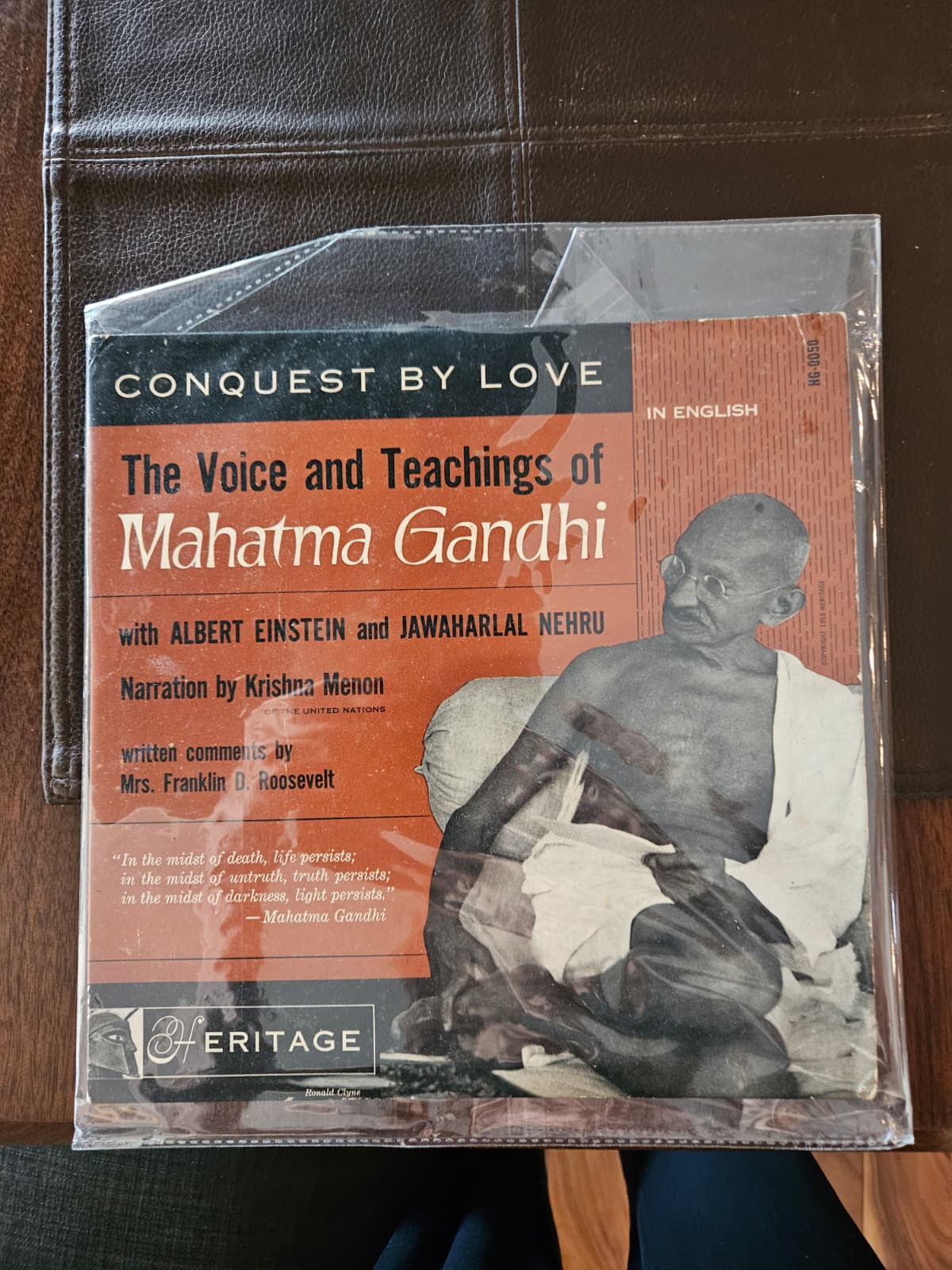 Album cover of 'Conquest by Love: The Voice and Teachings of Mahatma Gandhi' Heritage Records HG-0050, with Albert Einstein, Jawaharlal Nehru, narration by Krishna Menon, and written comments by Mrs. Franklin D. Roosevelt