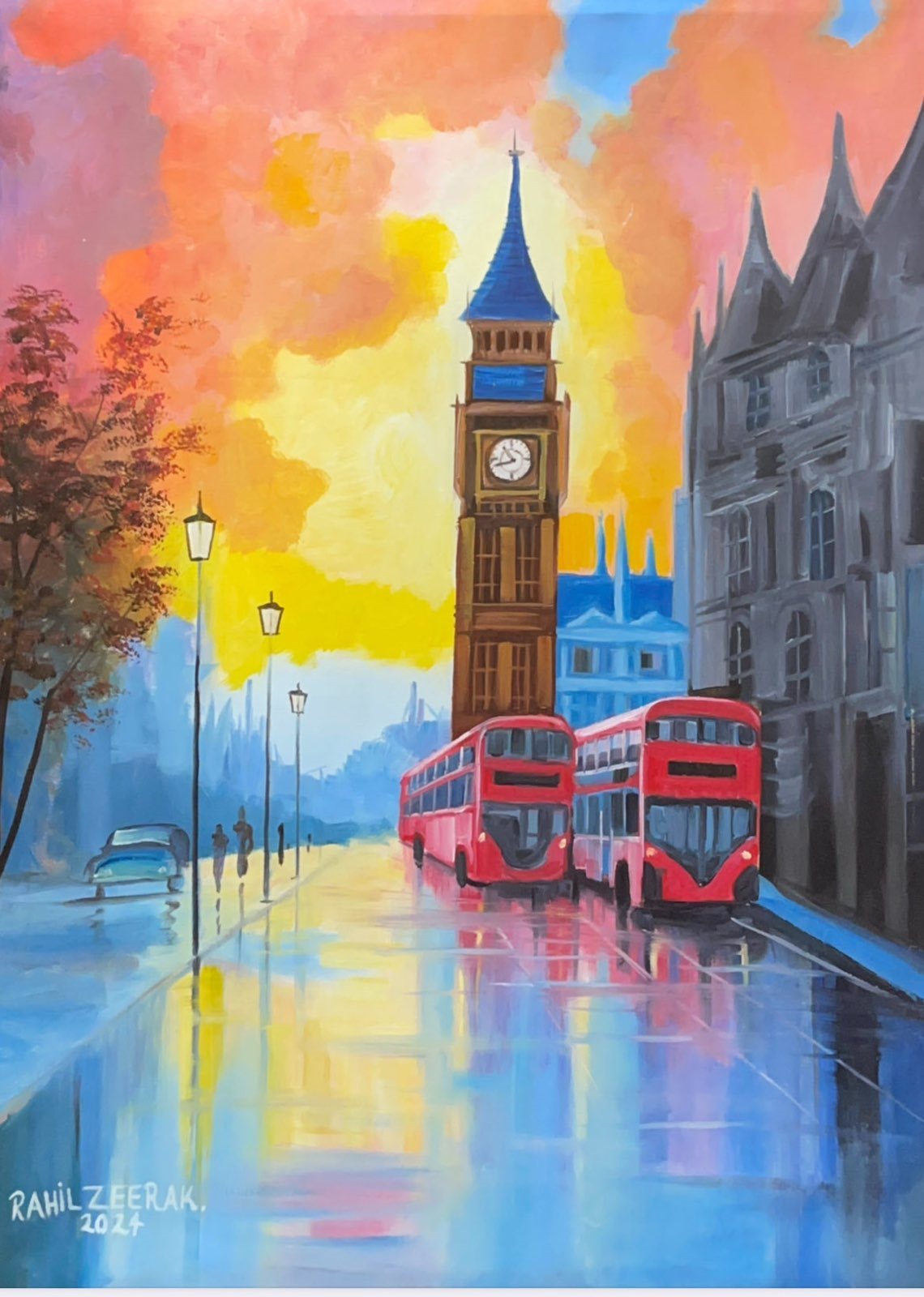 Painting of Big Ben and double-decker buses on a rain-slicked London street at sunset, by Rahila Zeerak, 2024