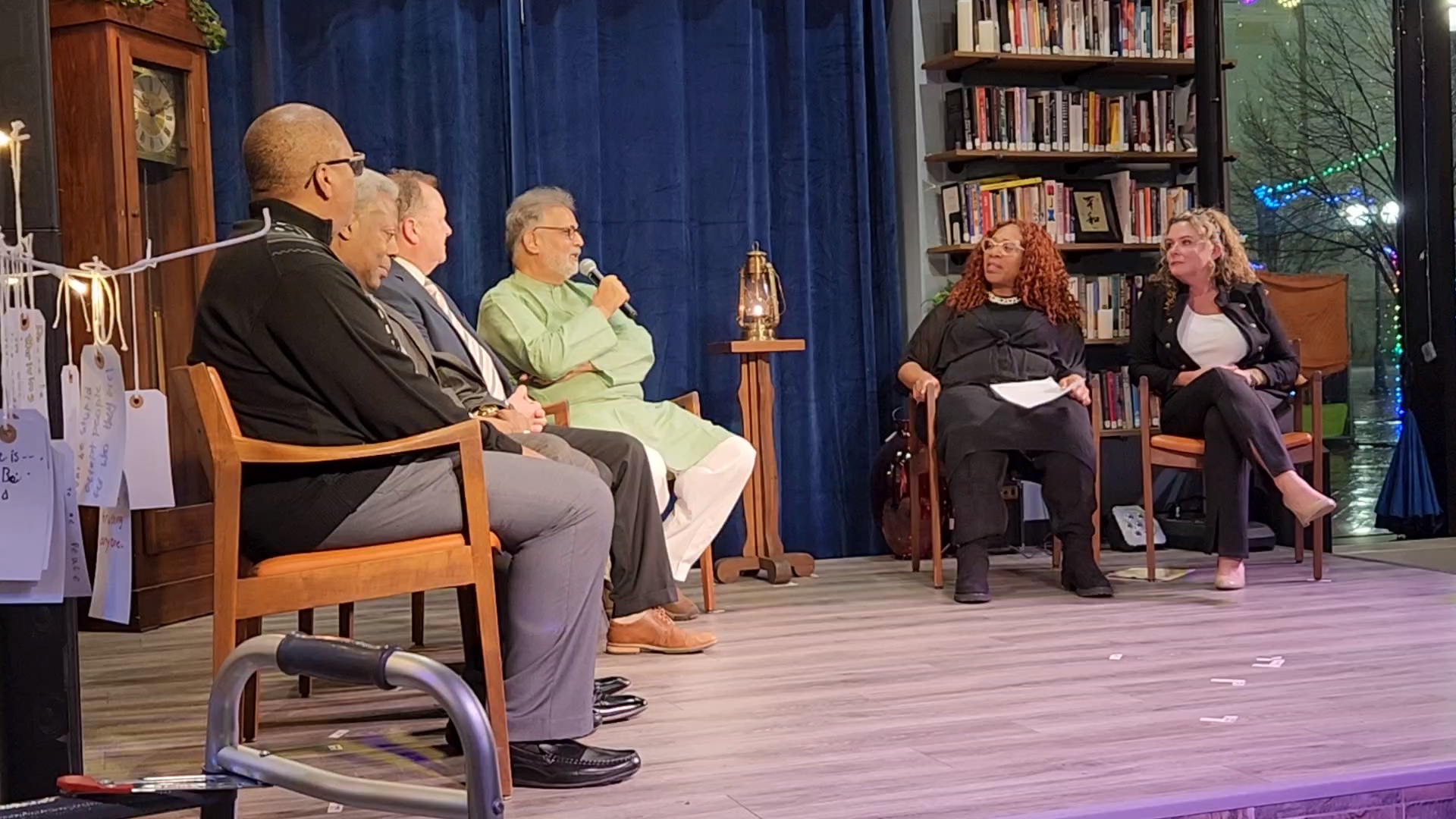 The founding panel at the inaugural 2024 Season for Nonviolence kickoff in The International Peace Museum library. Left to right: Gregory Foster, Rev. Joel King, Dr. Brian Polkinghorn, Tushar Gandhi (speaking, in light green kurta), Felicia Chappelle Jones, and Alice Young-Basora.
